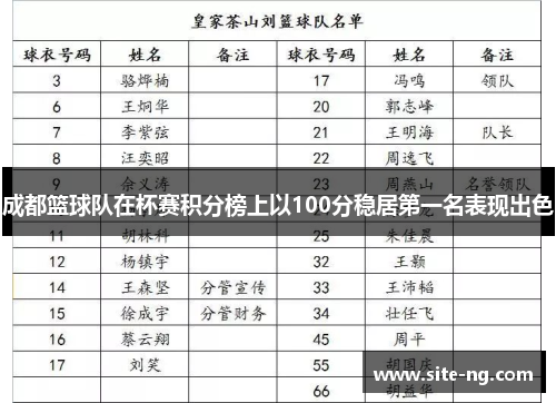 成都篮球队在杯赛积分榜上以100分稳居第一名表现出色